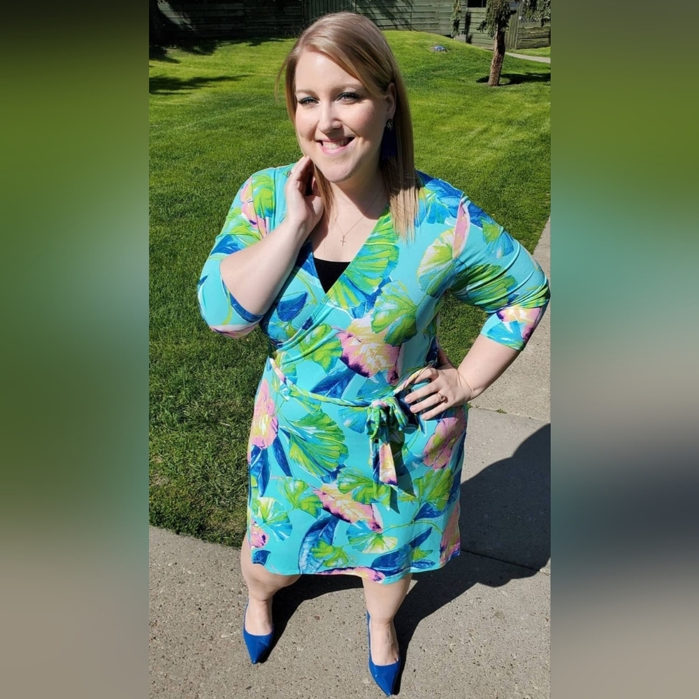 Tropical Leaf Faux Wrap Dress, Plus Size 16
